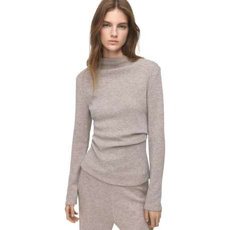 Sweat taupe uni en maille fine avec une coupe ajustée et un col montant - Image 2