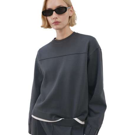 Sweat bleu gris uni en maille piquée avec une coupe droite et un col rond - Image 2