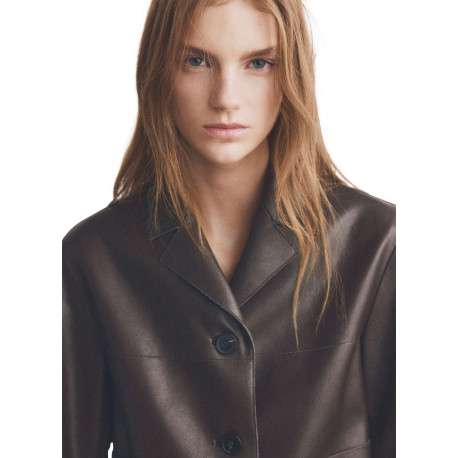 Veste chocolat unie avec une coupe droite et un col à revers cranté - Image 4