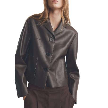 Veste chocolat unie avec une coupe droite et un col à revers cranté - Image 5