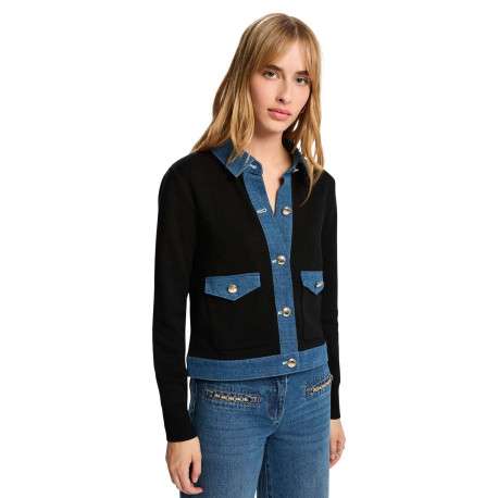 Gilet en coton noir uni avec une coupe droite et un col à revers - Image 4