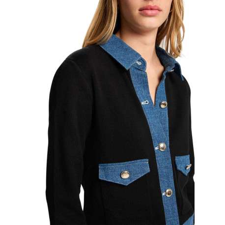 Gilet en coton noir uni avec une coupe droite et un col à revers - Image 5