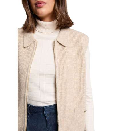 Gilet beige uni avec une coupe droite et un col à revers avec zip - Image 5
