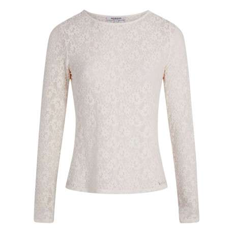 Top écru avec broderie florale avec une coupe moulante et un col rond