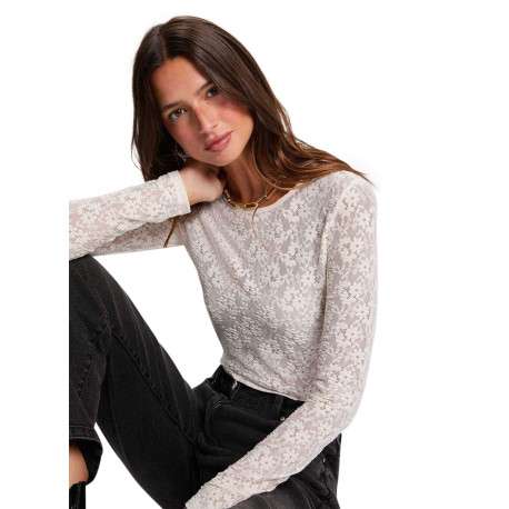 Top écru avec broderie florale avec une coupe moulante et un col rond - Image 4