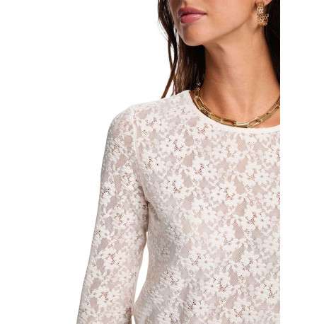 Top écru avec broderie florale avec une coupe moulante et un col rond - Image 5