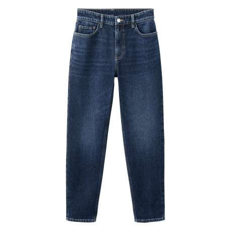 Jean 7/8 en coton indigo uni avec une coupe mom et une taille haute