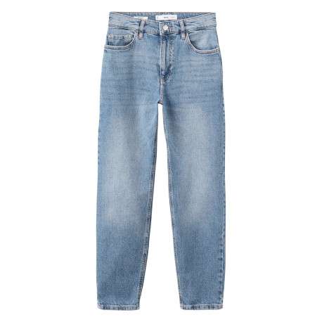Jean 7/8 en coton bleu uni avec une coupe mom et une taille haute