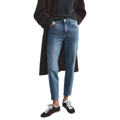 Jean 7/8 en coton bleu uni avec une coupe mom et une taille haute - Image 4