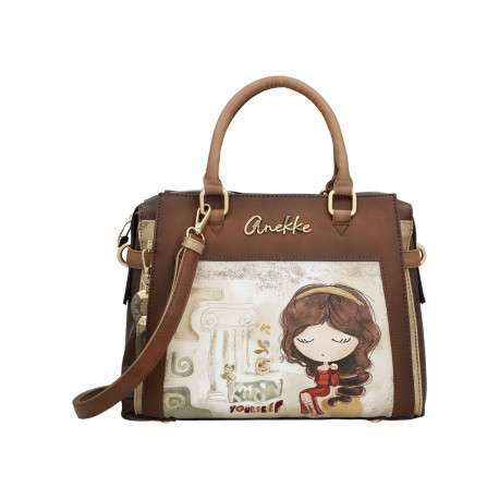 Sac porte mains beige et marron avec des imprimés et deux anses