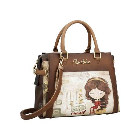 Sac porte mains beige et marron avec des imprimés et deux anses - Image 2