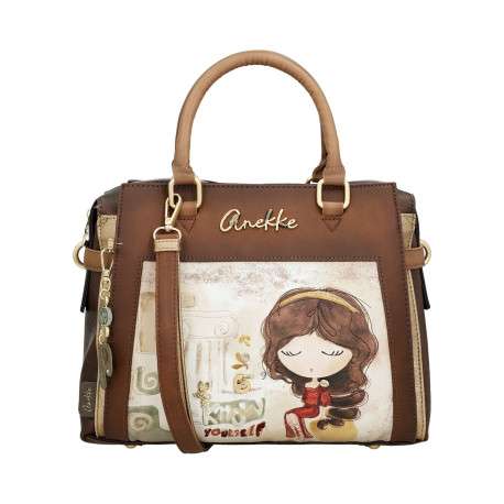 Sac porte mains beige et marron avec des imprimés et deux anses - Image 3