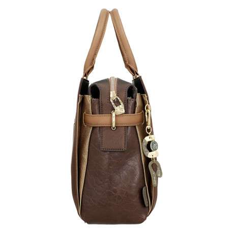 Sac porte mains beige et marron avec des imprimés et deux anses - Image 4