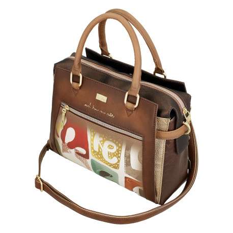 Sac porte mains beige et marron avec des imprimés et deux anses - Image 5