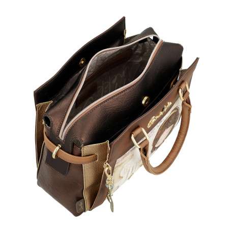 Sac porte mains beige et marron avec des imprimés et deux anses - Image 6