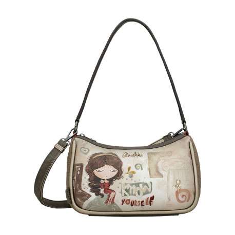 Sac beige à imprimé avec une bandoulière réglable et un anse