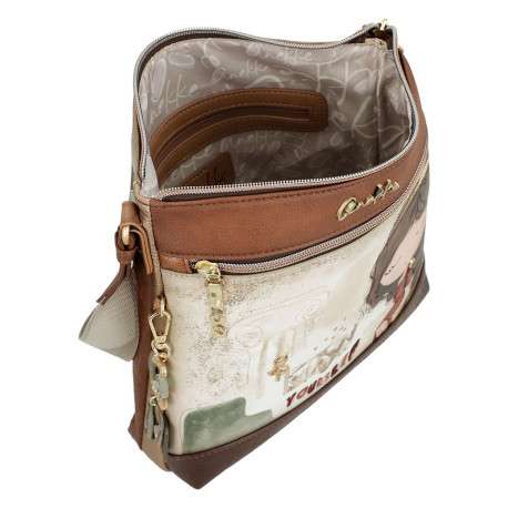 Sac beige et marron avec des imprimés et une bandoulière réglable - Image 3