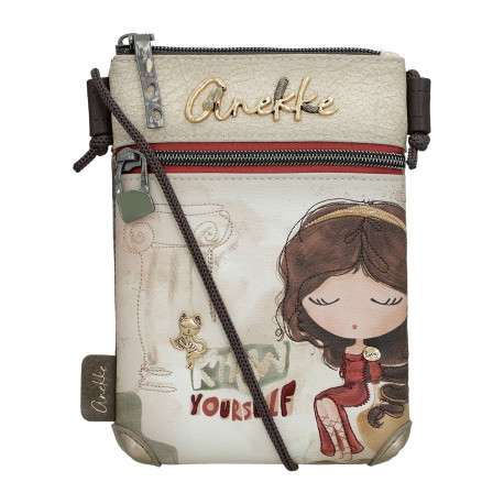 Pochette beige avec des imprimés et bandoulière en cordon tressé