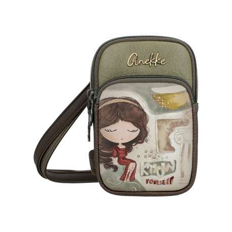 Mini sac beige, kaki et jaune avec des imprimés et une anse