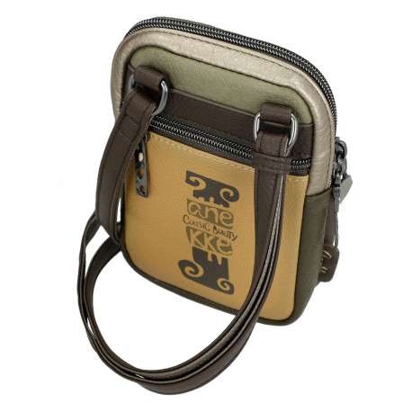 Mini sac beige, kaki et jaune avec des imprimés et une anse - Image 4
