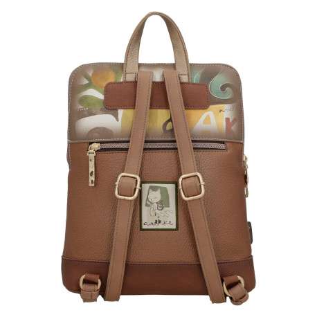 Sac à dos beige et marron à imprimé avec une anse et deux lanières réglables - Image 2