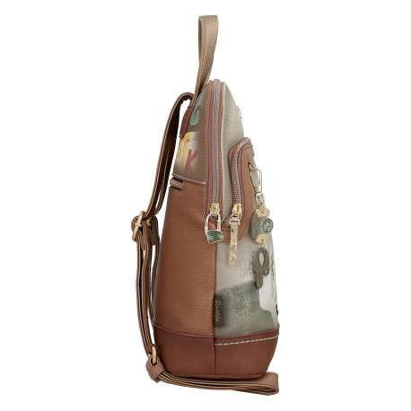 Sac à dos beige et marron à imprimé avec une anse et deux lanières réglables - Image 3