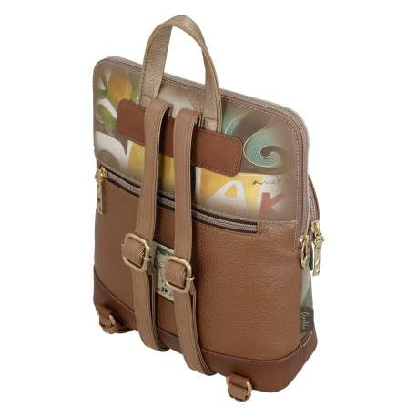 Sac à dos beige et marron à imprimé avec une anse et deux lanières réglables - Image 4