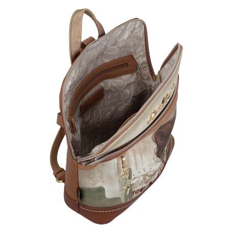 Sac à dos beige et marron à imprimé avec une anse et deux lanières réglables - Image 5