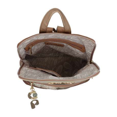 Sac à dos beige et marron à imprimé avec une anse et deux lanières réglables - Image 6