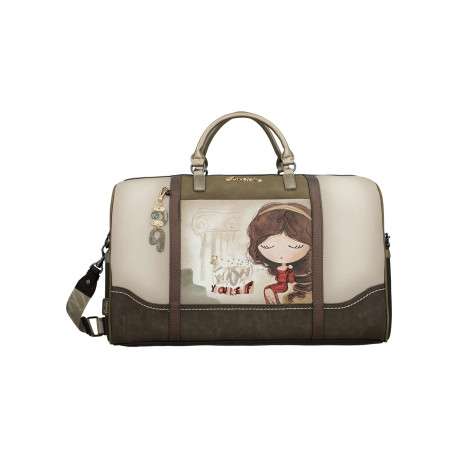 Sac weekender beige à imprimé avec deux anses et une bandoulière