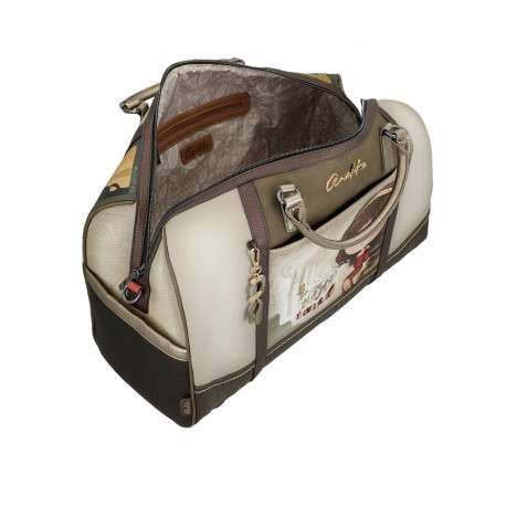 Sac weekender beige à imprimé avec deux anses et une bandoulière - Image 5