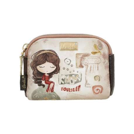 Porte-monnaie beige avec des imprimés et une fermeture à zip