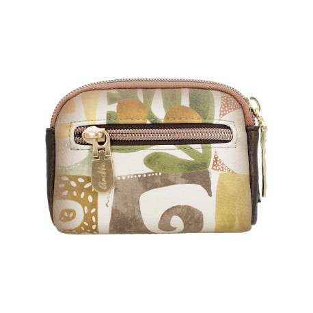 Porte-monnaie beige avec des imprimés et une fermeture à zip - Image 2