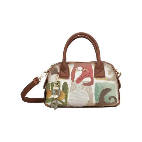 Sac bowling beige à imprimé avec anses et bandoulière marron