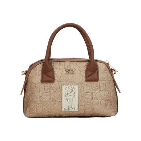 Sac bowling beige à imprimé avec anses et bandoulière marron - Image 2