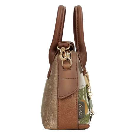 Sac bowling beige à imprimé avec anses et bandoulière marron - Image 3