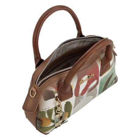 Sac bowling beige à imprimé avec anses et bandoulière marron - Image 5