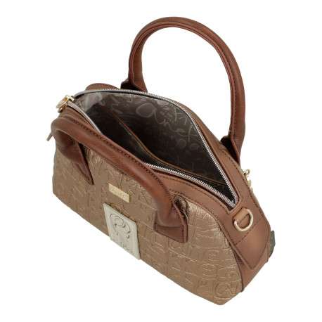 Sac bowling beige à imprimé avec anses et bandoulière marron - Image 6