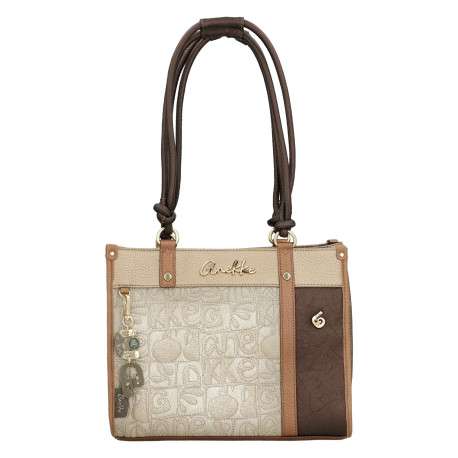 Sac porte épaule beige et marron à imprimé avec deux anses à cordons