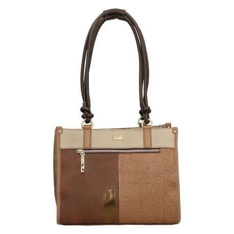 Sac porte épaule beige et marron à imprimé avec deux anses à cordons - Image 2