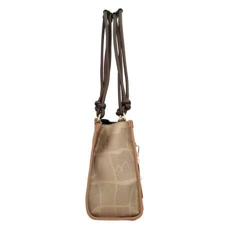 Sac porte épaule beige et marron à imprimé avec deux anses à cordons - Image 3
