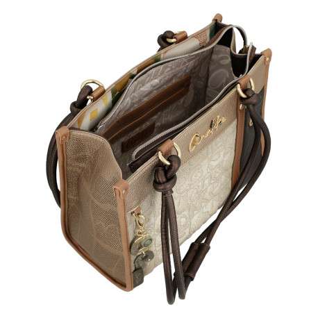 Sac porte épaule beige et marron à imprimé avec deux anses à cordons - Image 4