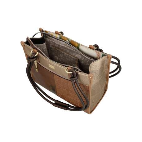 Sac porte épaule beige et marron à imprimé avec deux anses à cordons - Image 5