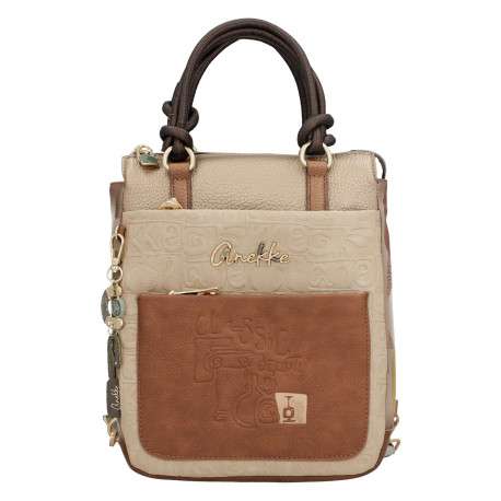 Sac à dos beige à imprimé avec deux anses et deux lanières dans le dos