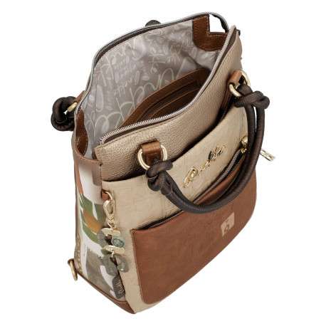 Sac à dos beige à imprimé avec deux anses et deux lanières dans le dos - Image 5