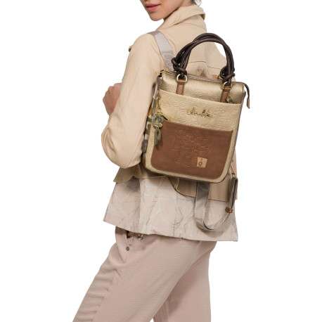 Sac à dos beige à imprimé avec deux anses et deux lanières dans le dos - Image 8
