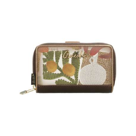 Portefeuille beige avec des imprimés et une fermeture à zip