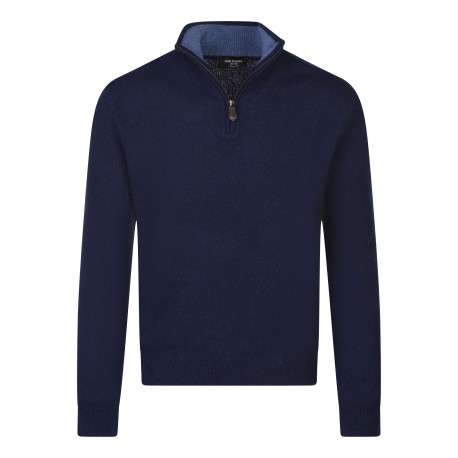 Pull Lambswool en laine bleu marine en maille grattée avec un col camionneur