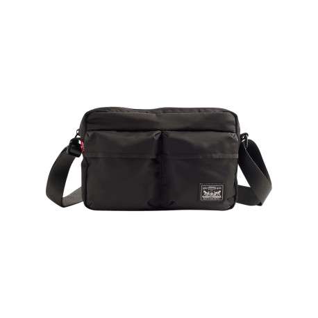 Sac à bandoulière noir orné du nom de la marque et pourvu de multiples poches