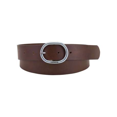 Ceinture en cuir lisse pourvue d'une fermeture argentée au nom de la marque